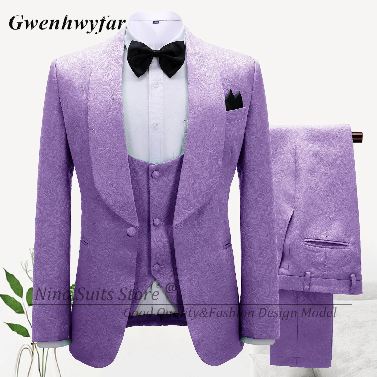 

Мужской костюм G&N из 3 предметов Lavander Jacqaurd 2026 Slim Fit с лацканами для жениха, индивидуальный заказ Terno Masculino (пиджак + брюки + жилет)