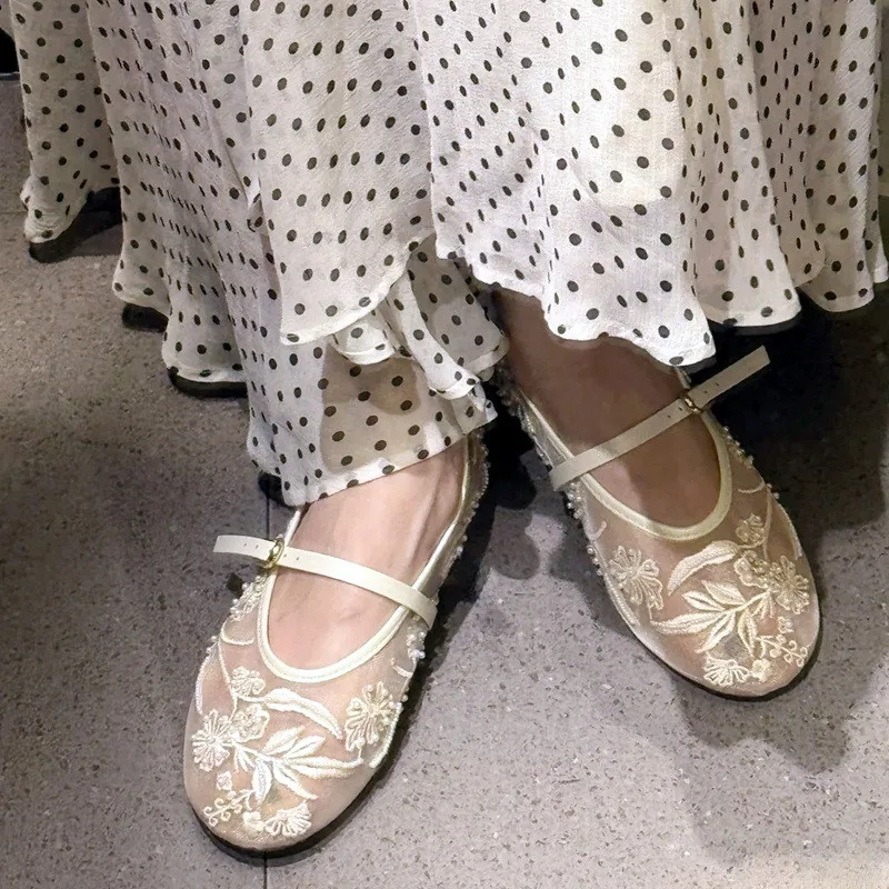 Embroidery Pearl Mesh Ballet Flats Women Fashion Hollow Round Toe Flat Sandals Elegant Comfortable Belt Buckle Mary Jane Shoes image 4