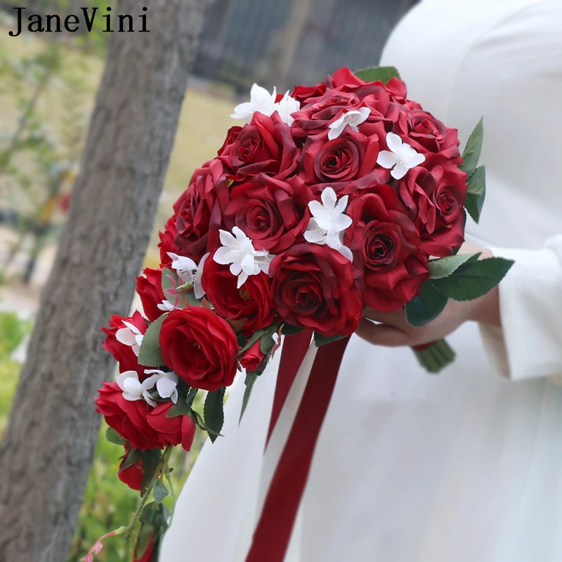 JaneVini-ramo De flores artificiales para novia, flores De boda, cascada roja Vintage