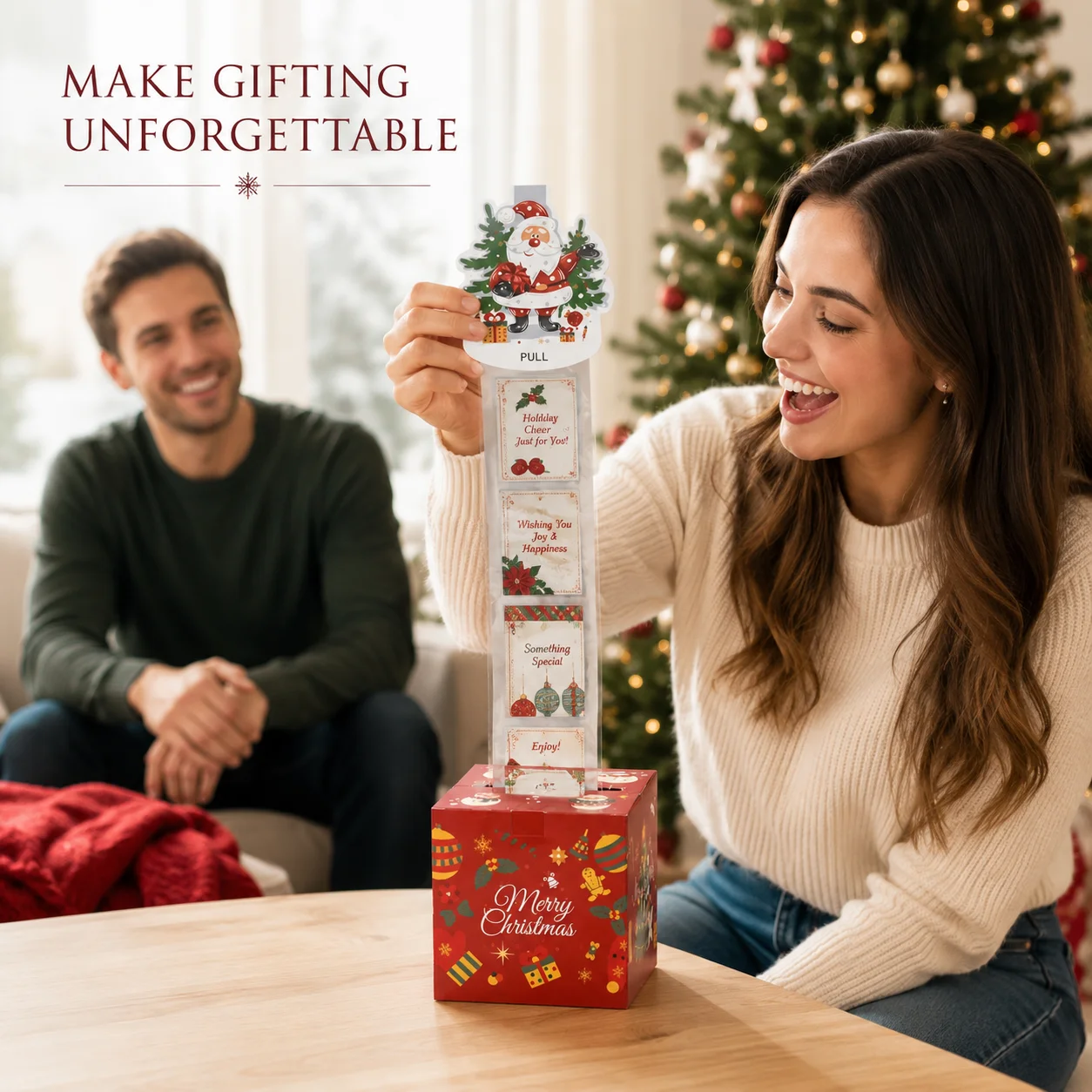 Christmas Pull Money Gift Box Santa Claus Surprise Cash Holder with Clear Sleeves DIY Creative Holiday Gift Packaging Box