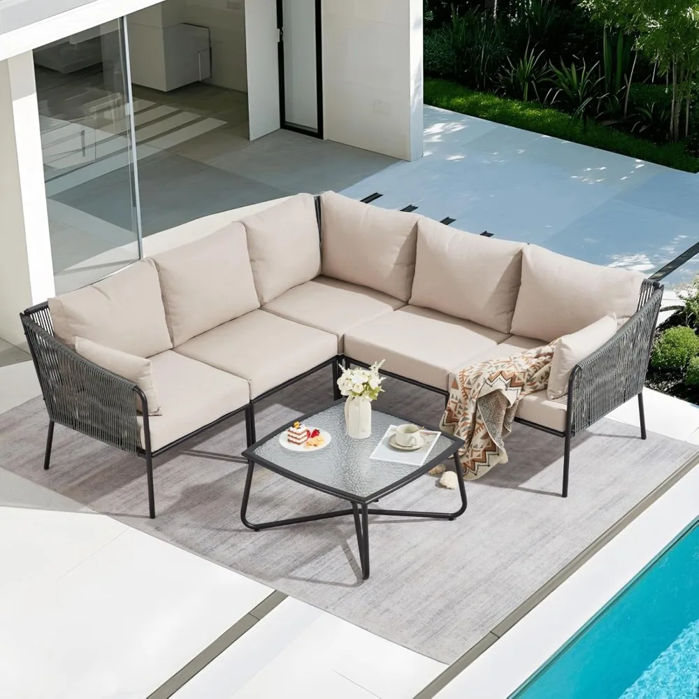 

6 Pieces Outdoor Patio Furniture, Patio Conversation Sets with Glass Coffee Table &Waterproof Thickened Cushions for Backyard,Ga