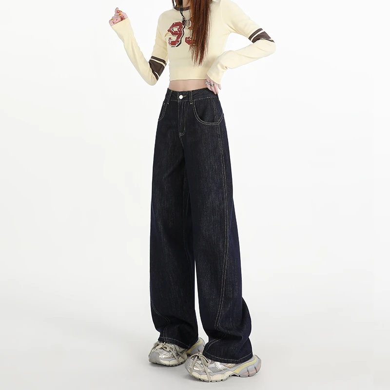 Woman Jeans High Waist Wide Leg Cotton Denim Clothing Design Sense Straight Pant Fashion Comfort White Retro Blue Casual Trouser - Image 4