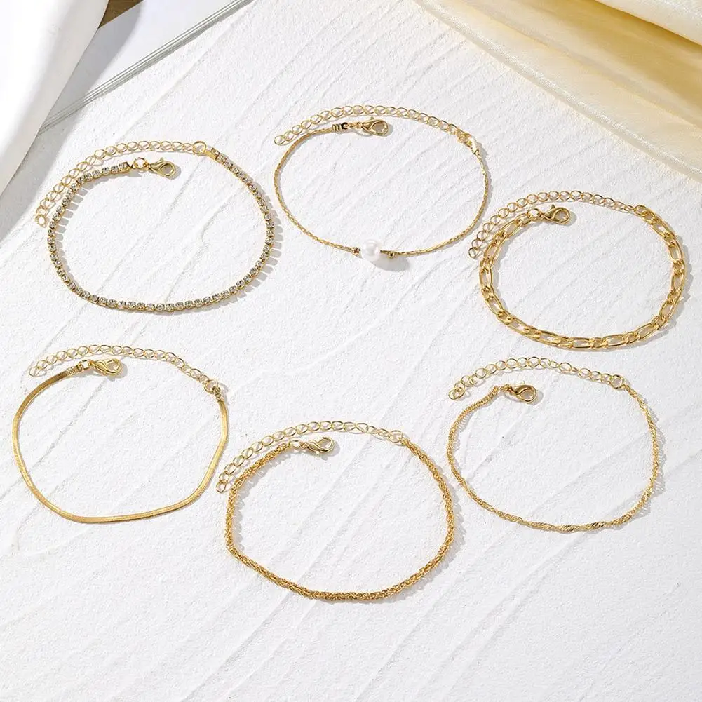 Simple High-end 6PCS Bohemian Minimalist Hand Decoration Metal Chain Women's Multi Layered Chain Bracelet Birthday Accessories G