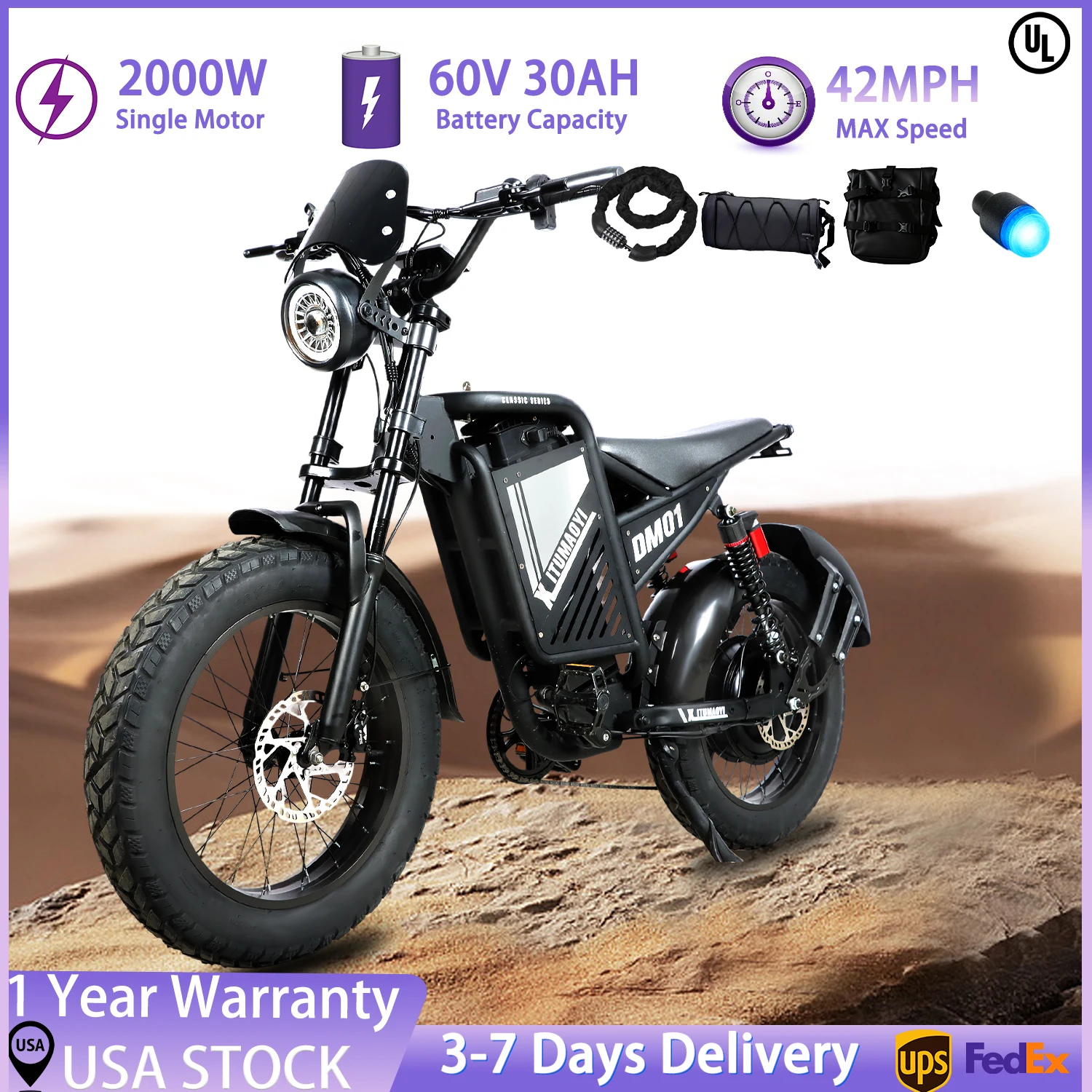 

BAOLUJIE DM01 Electric Bike for Adult 2000W Motor 60V30AH 20" Tire Electric Motorcycle 42MPH Dirt E-Bike UL2849【1 Year Warranty】