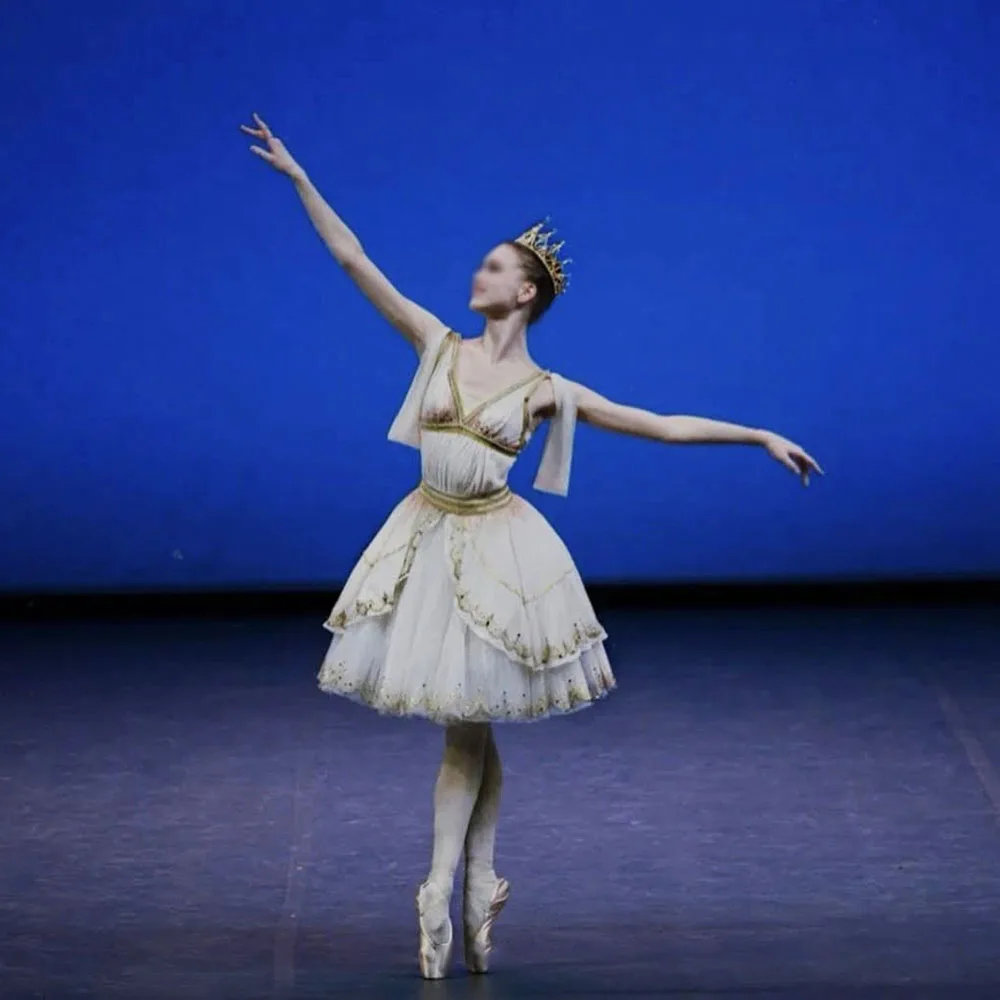 

Professional White Ombre Paquita Ballet Dress With Gold Trims For Competition,The Awakening of Flora Ballet Dress Hebe Variation