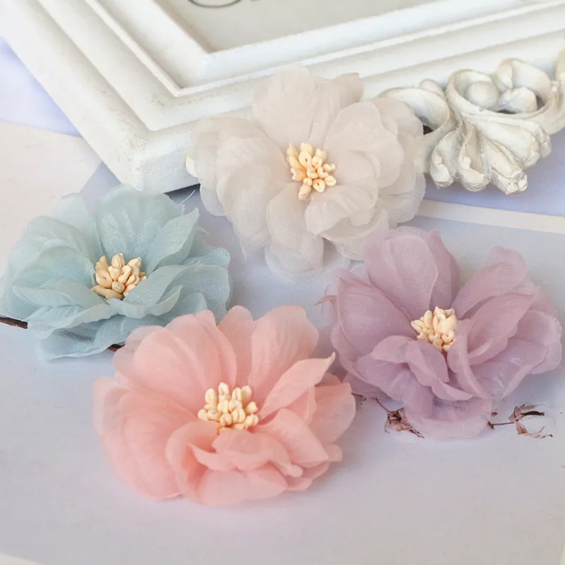 5PCS Chiffon Fabric DIY Flower Headwear Hat Dress Clothes Decoration Hair Accessories