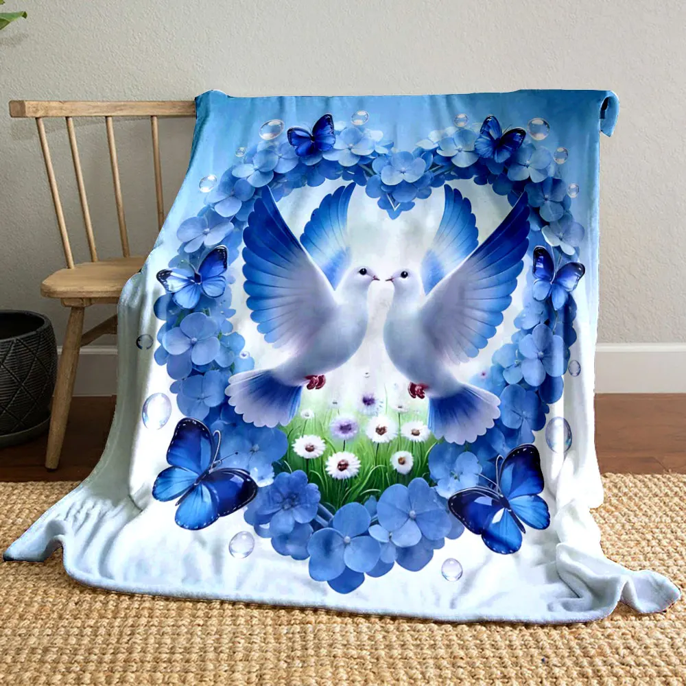 White Doves in A Heart-shaped Wreath Print Blanket Warm Soft Fluffy Kids and Adult Sofa Bed Throw Blanket Outdoor Travel Camping