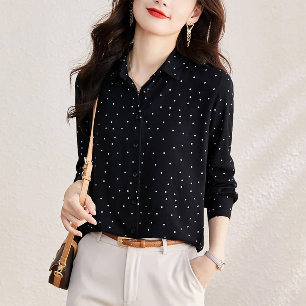 Casual Chiffon Women\'s Blouse Long Sleeve Turn-Down Collar Buttons Polka Dots Shirt Fashion Female Elegant Tops