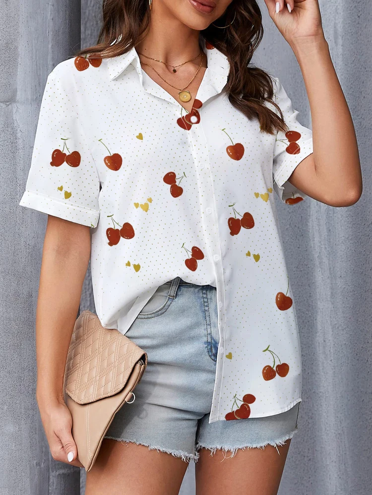 

Cherry 3d Digital Printing Shirt Fashion Loose Casual Summer Short Sleeve Shirt Sweet Kawaii Women's Turn-down Collar Shirt