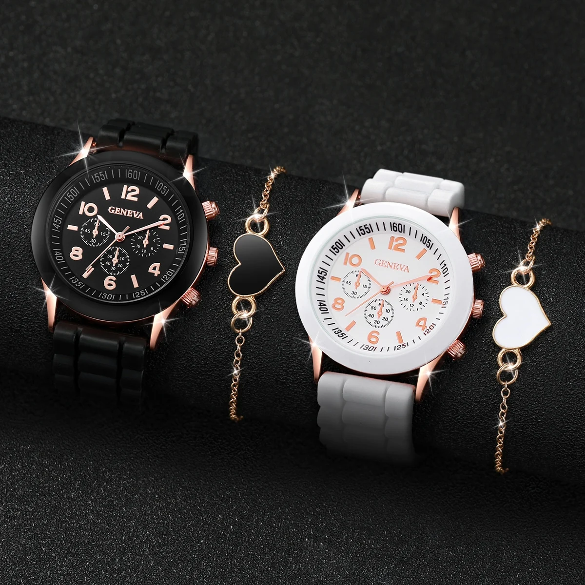 4PCS/Set Couple's Watches Fashion Silicone Band Women Quartz Watch Heart Bracelet Set（Without Box）