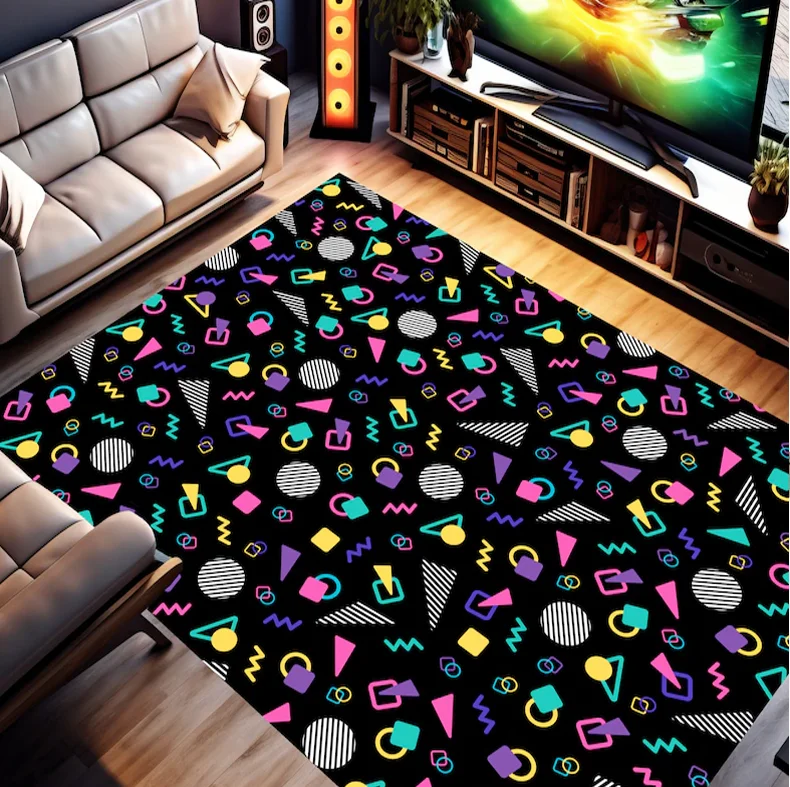 Retro Arcade Teppich Indoor Outdoor Memphis Design Bereich Teppich 80er 90er Akzent Bodenmatte Spielzimmer Bowling Alley Man Cave Home Decor