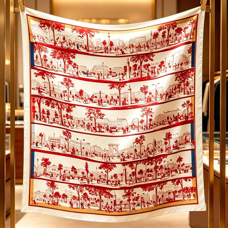 Luxury 100% Pure Mulberry Silk Square Scarf 90X90cm Classic French Townscape Hand Drawn Print Neck Wrap Shoulder Shawl Bag Decor