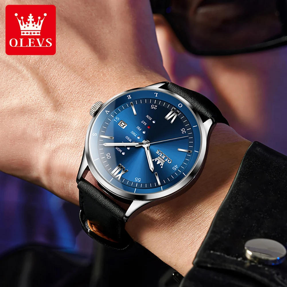 OLEVS 2931 Heren Quartz Horloge Lederen Band - close-up view