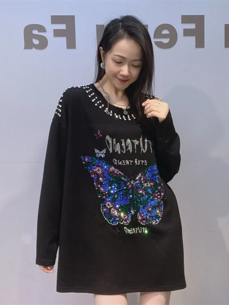 

Women Cartoon Bufferfly Diamonds long Sleeve Tees For Women Clothing Casual Loose O-Neck T-Shirt Knitwear Tops