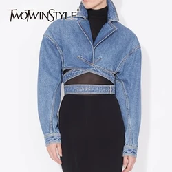 TWOTWINSTYLE Solid Hollow Out Denim Jackets For Women Lapel Long Sleeve Patchwork Lace Up Minimalist Slim Coats Female Fashion