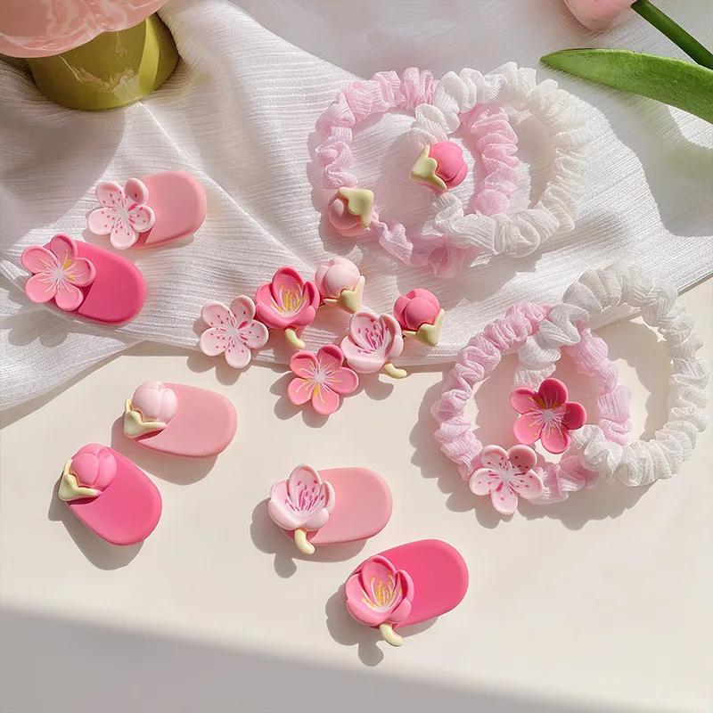 1/2pcs Cute Pink Flower Hair Clip Elastic Peach Blossom Hair Rope Sweet Women Girls Makeup Bangs Hairpin Ponytail Bun Hairbands