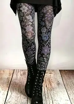 Women's Vintage Vine Floral Leggings Black Purple Blue Flower Print Stretchy Slim Fit Pants Skinny Bodycon Trousers
