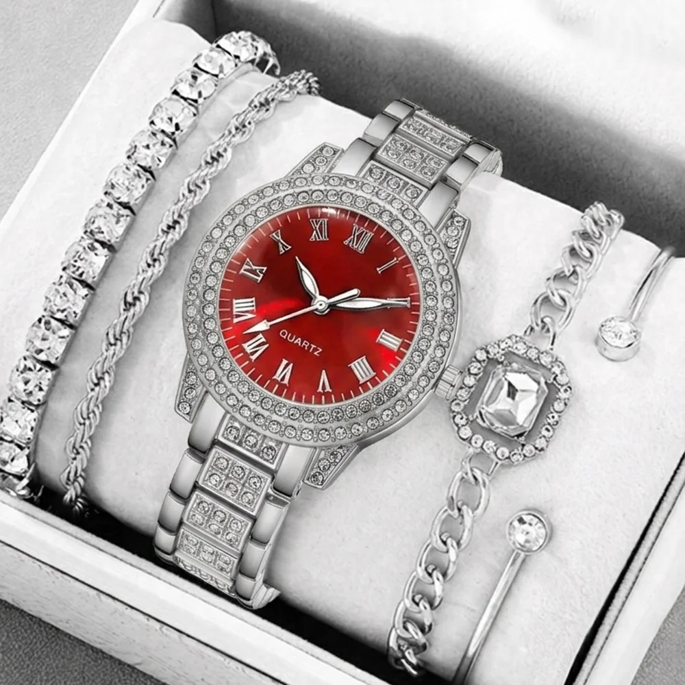 5Pcs/Set Unisex Jewelry Watches Women's Wristwatch Accessories Silver Red Fashionable Elegant Trendy Classic Exquisite Rhinestone Luxury Roman Numeral Dial Round Dial Quartz Watch Y2K Party Gathering Daily Wear Birthday Holiday Gift Travel Vacation