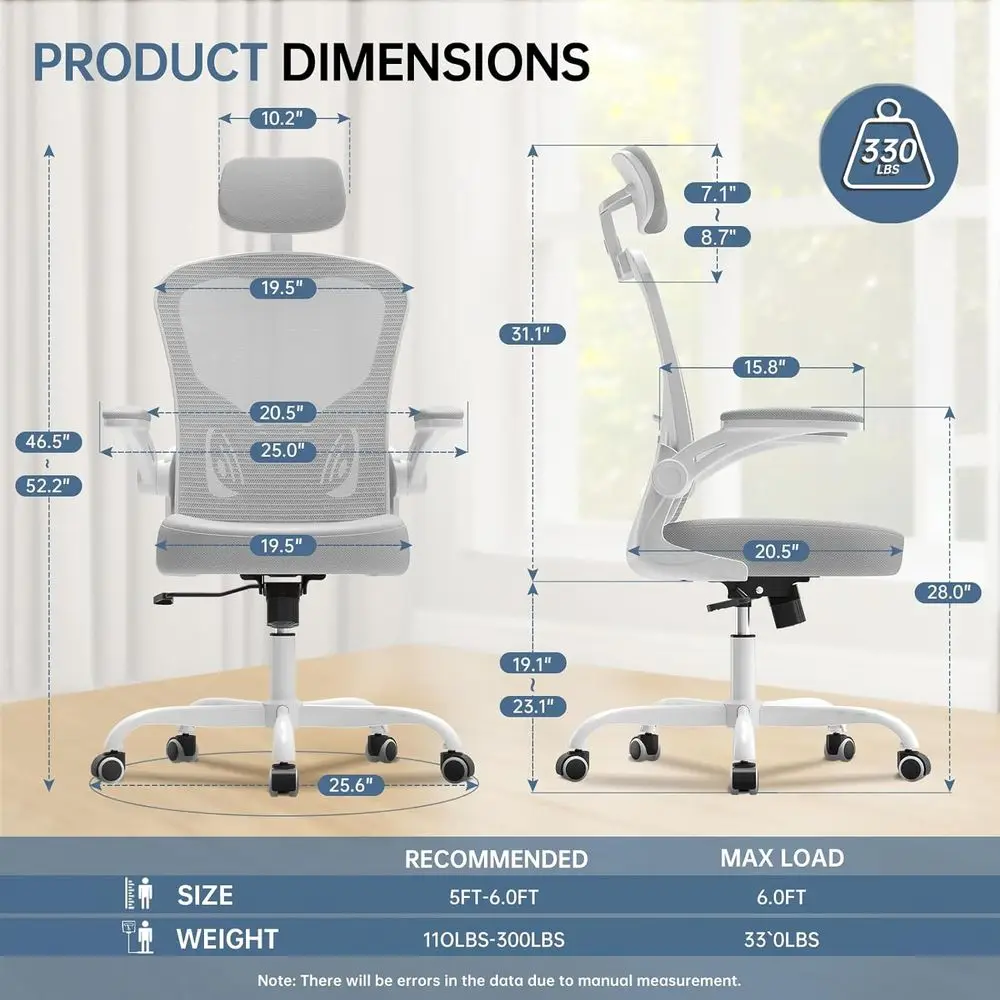 كرسي دوار مريح عالي الظهر، سعة 330 رطلاً، مريح لساعات طويلة، مساند للذراعين قابلة للطي، أبيض ورمادي