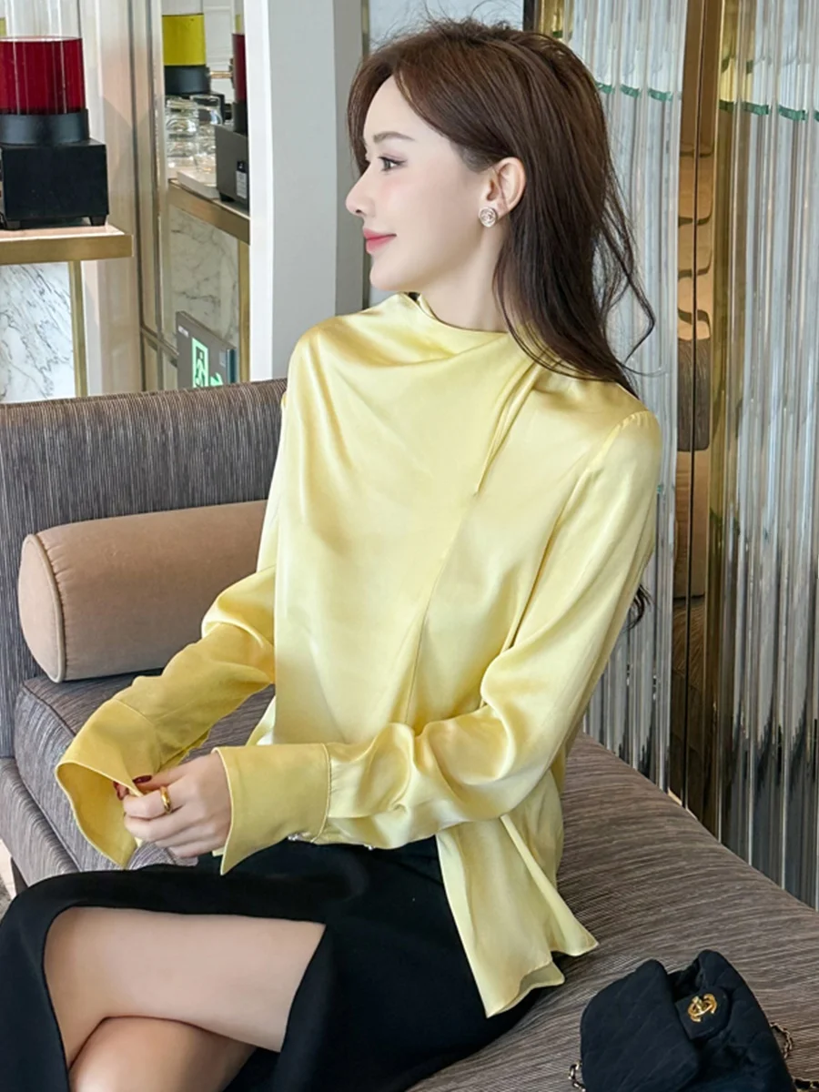 

Silk Long Sve irt Women's Commute Yellow irt Flowing Tie French Sle Slim Fit Pure Color Busin Office irt