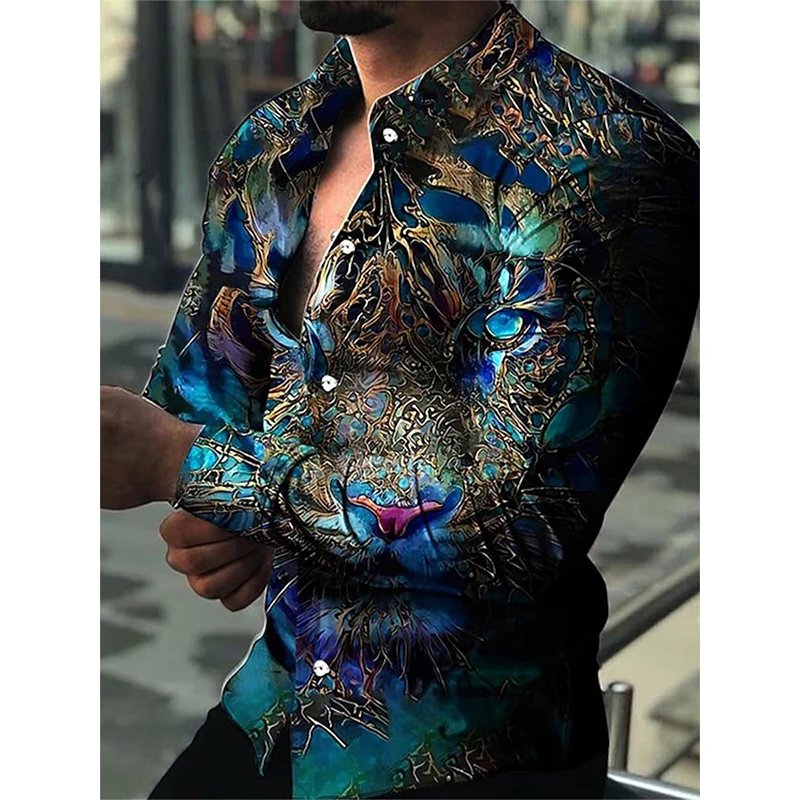 Mode Luxe Heren Sociale Shirt Casual Luipaard Ketting Print Revers Lange Mouw Shirt Streetwear Hoge Kwaliteit Heren Kleding Shirts