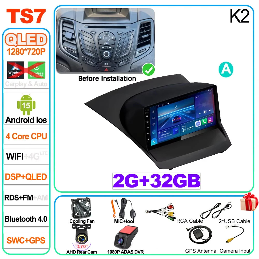 Auto radio Carplay Android 16 voor Ford Fiesta Mk 6 2009 2010 2011 2012 2013 2014 -2018 Radio Multimedia Videospeler Scherm GPS