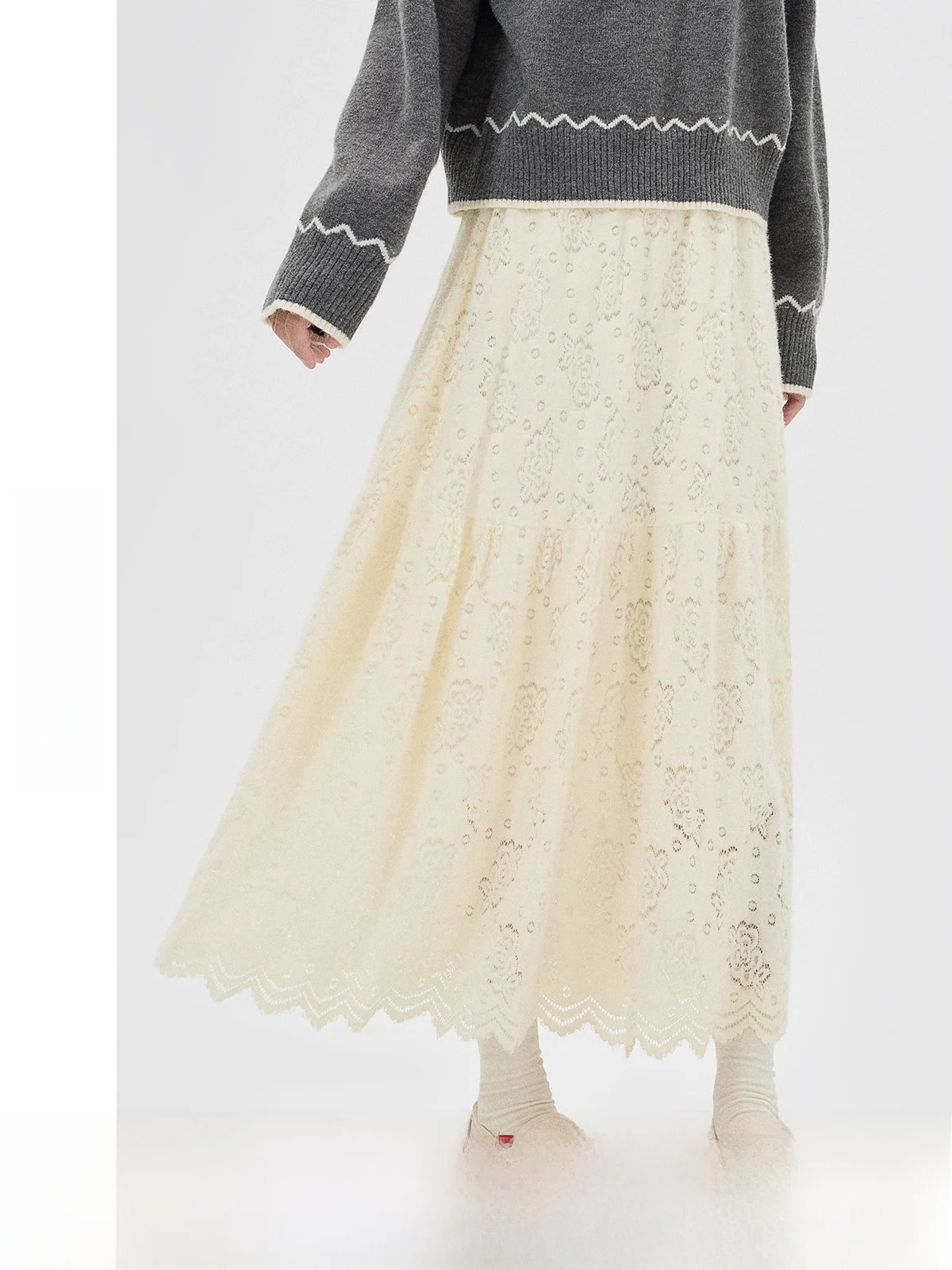 

Женская юбка Guier с ажурным кружевом, осенне-зимняя новинка, с высокой талией, А-силуэт, универсальная, элегантная, во французском стиле, свободного кроя