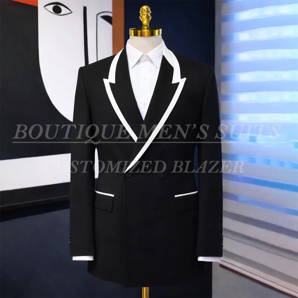 

High Quality Blazer Men's Suits 2026 Elegant Double Breasted Peak Lapel with White Edging Outfit Customized 2 Piece Jacket Pants