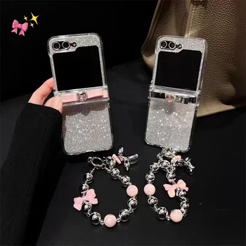 삼성 갤럭시 Z 플립 6, 5, 4, 3, 5G, F7110, F7070, 독특하고 귀여운 선물, 반짝이 활 매듭 하트 보석 팔찌 휴대폰 케이스 커버
