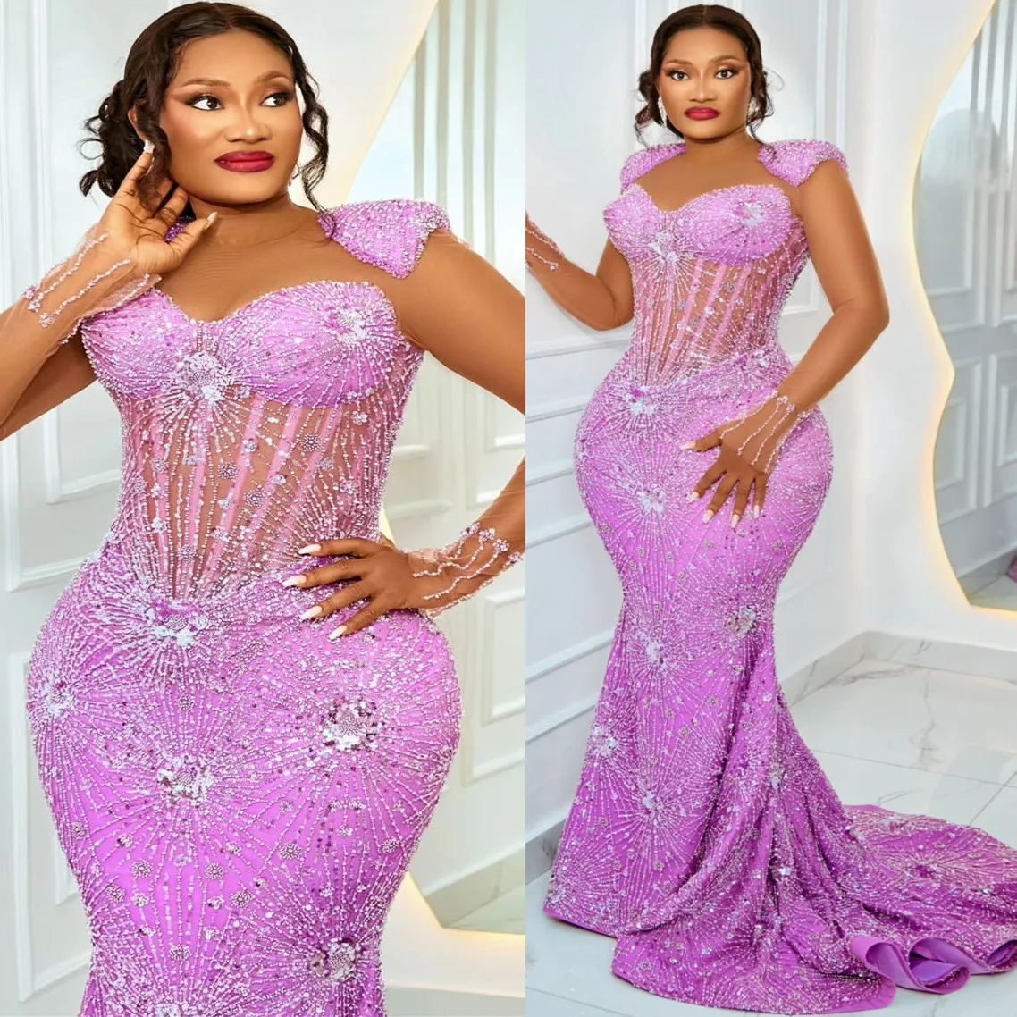 2024 Plus Size Mermaid Lilac Prom Dresses Beaded Sequined Evening Formal Party Second Engagement Birthday Gowns Dress Z335