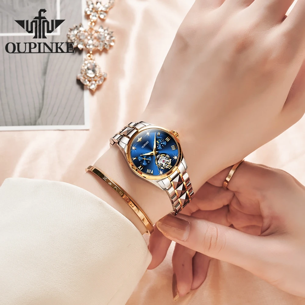 OUPINKE 3202 Women Watch Luxury Hollow Automatic Mechanical Watch Roman Scale Waterproof Moonphase Brand Business Women Watch
