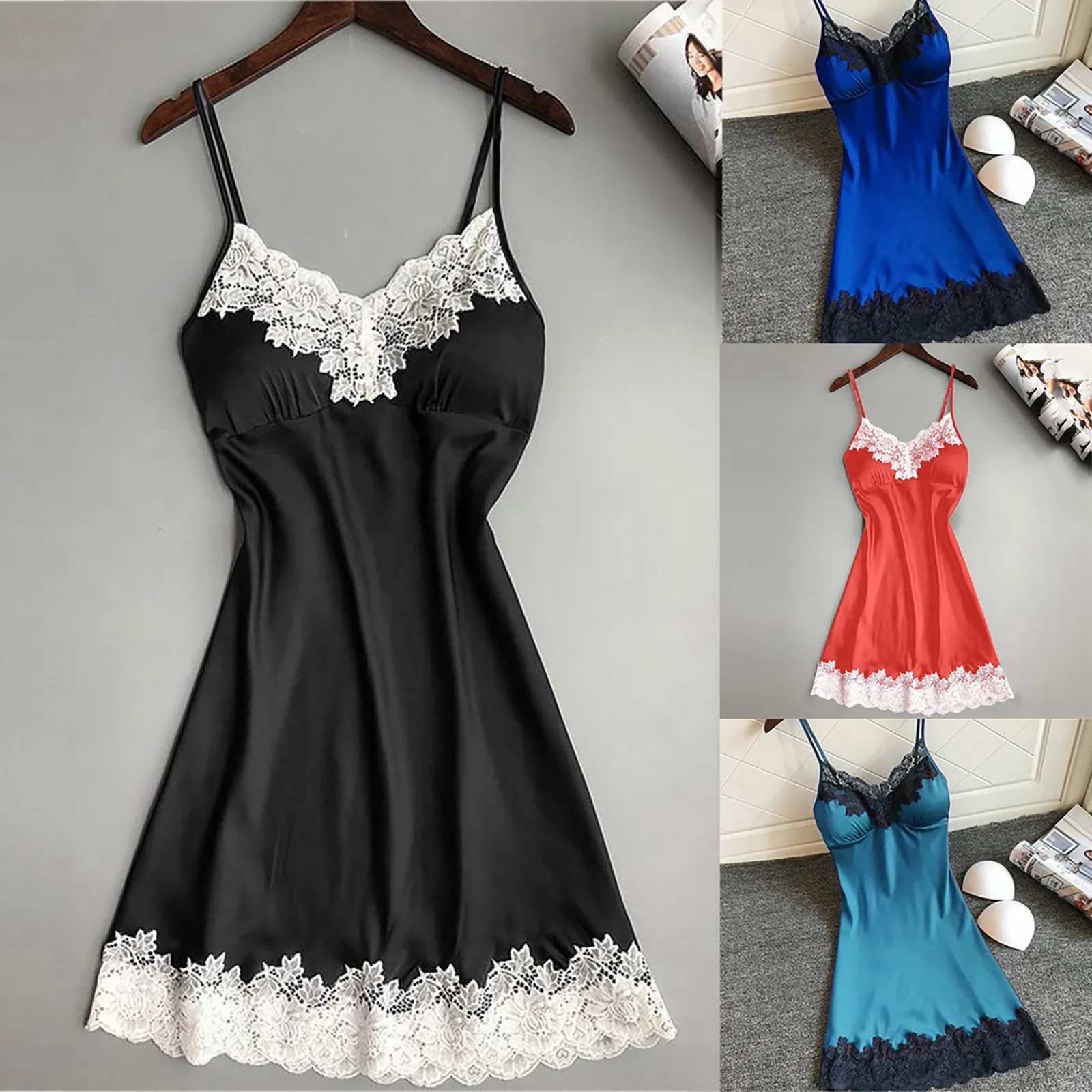 Ladies Sexy Silk Satin Lace Sleepwear Nightwear Sleeveless Nighties Women Night Dress Solid Color V-neck Nightgown Nightdress