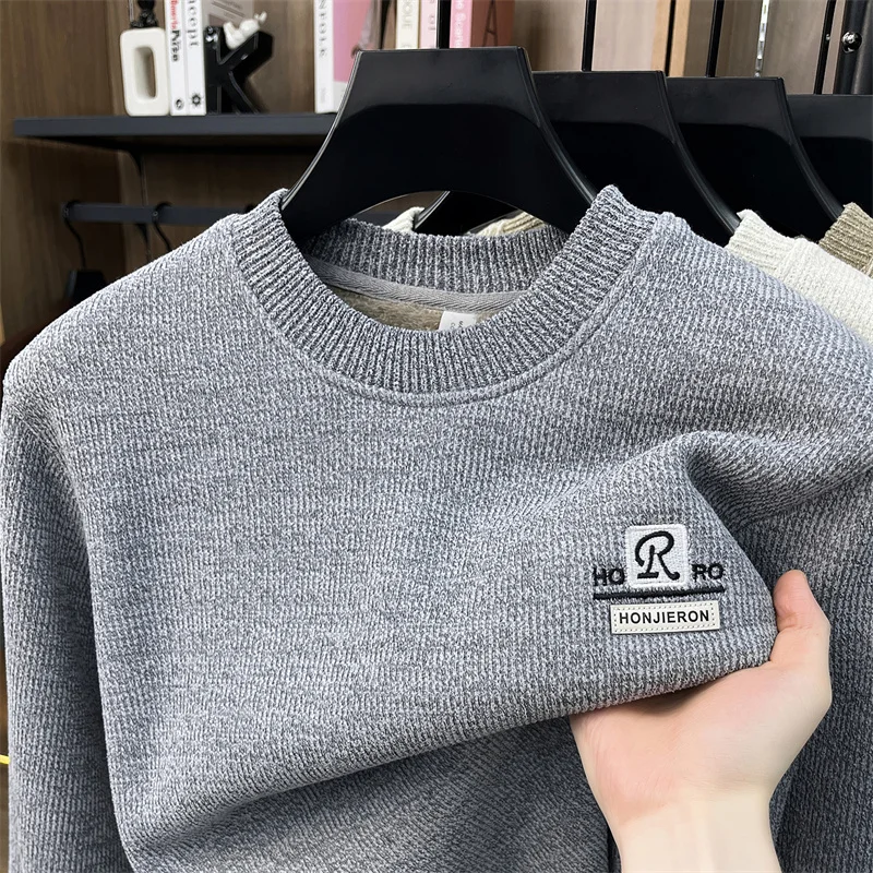 High Quality Velvet Sweater Winter New Korean Casual Thicken Warm Men's Round Neck Designer Letter Embroidery Knitted Pullover