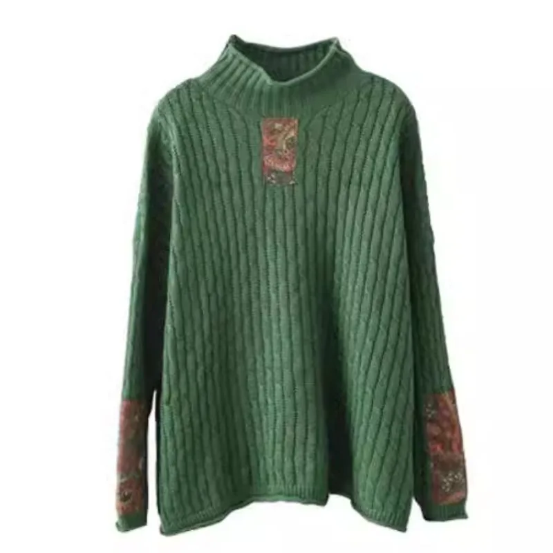 الشتاء الخريف أزياء الياقة المدورة خمر المرقعة سترة للنساء نوعية جيدة طويلة الأكمام فضفاضة عارضة البلوز تريكو قمم #5