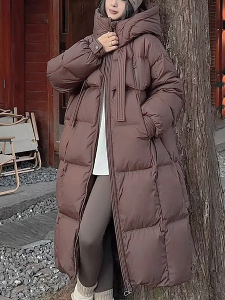 Women's Down Cotton Padded Jackets Korean Thickened Warm Long Overcoat Solid Hooded Overall Topcoat 2024 Winter