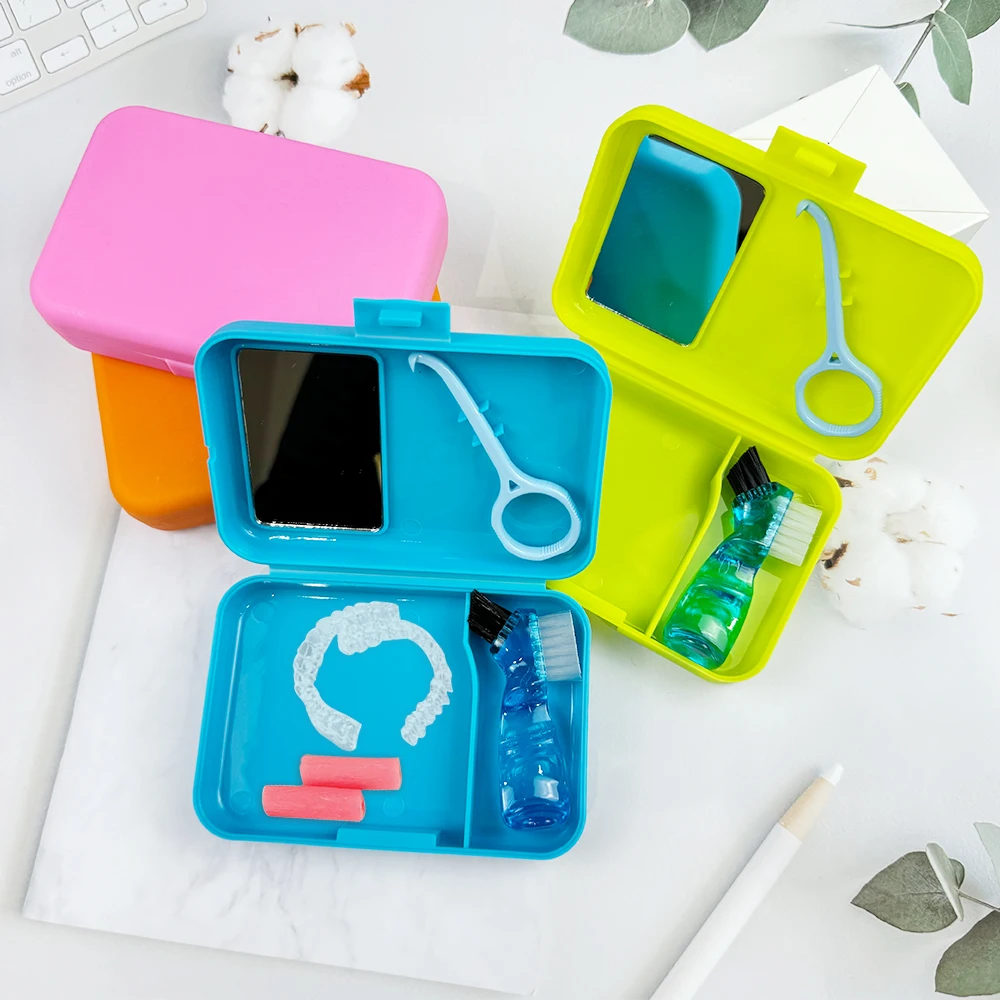 Orthodontic Retainer Box Mini Denture Brush Braces Remover With Mirror Denture Box Braces Portable Storage Box Oral Care Tools
