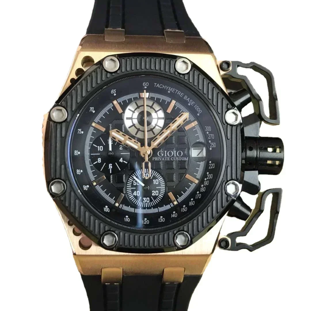 Luxury Mens Quartz Chronograph Watch Stopwatch Sapphire Stainless Steel Silver Rose Gold Black Rubber Strap