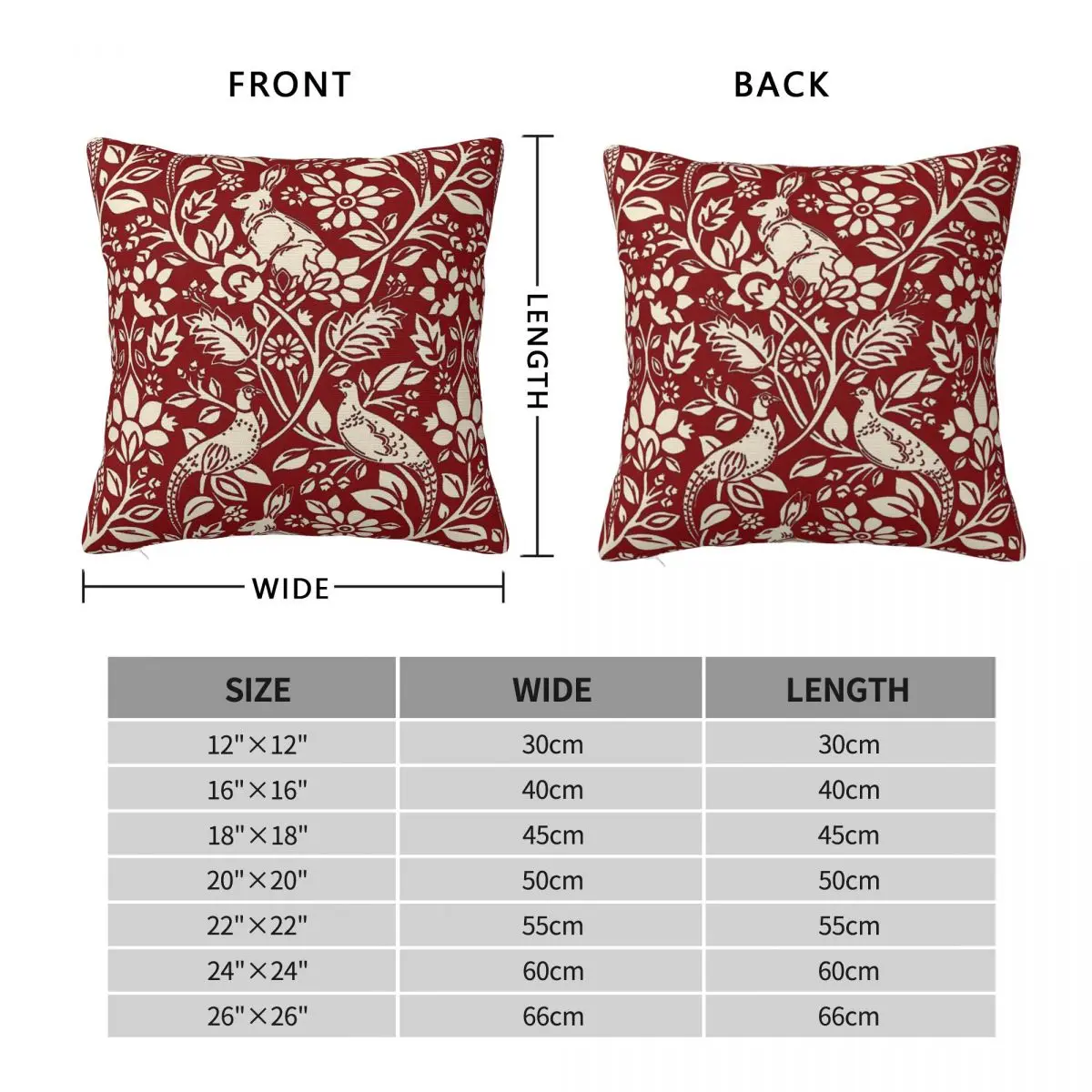 Pheasant Hare Deep Red Cream Square Pillowcase Polyester Linen Velvet Printed Zip Decor Bed Cushion Cover