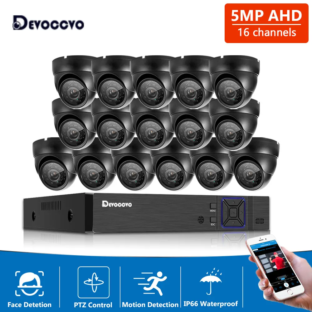 Devoccvo 16 Channel 5MP Security Camera System Ultra HD 5MP 16CH AHD DVR Kit Outdoor Indoor Dome Camera Video Monitoring Kit