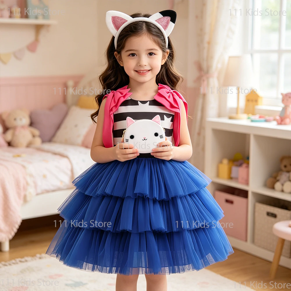 Kinder Sommer Mesh-Kleid Puffiges Prinzessinnenkleid Mädchen Gabys Cosplay Kostüm+Stirnband+Tasche Halloween Karneval Outfits