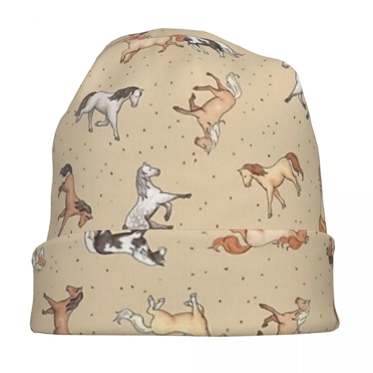 

Scattered Horses Spotty On Taupe Pattern Warm Knitted Cap Hip Hop Bonnet Hat Autumn Winter Outdoor Beanies Hats for Unisex Adult