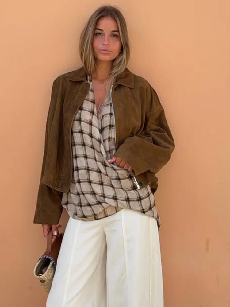 Women Brown Faux Suede Bomber Jacket Casual Oversized Collared Button Front Coat Minimalist Lady Streetwear Fall Outerwear