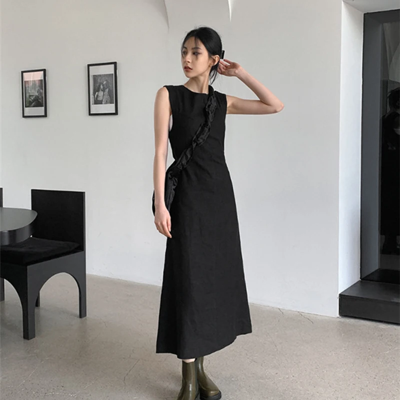 Hollow Out Midi Dress Women Elegant Black Sleeveless A Line Dresses Summer Korean Party Drawstring Backless Sundress Vestidos