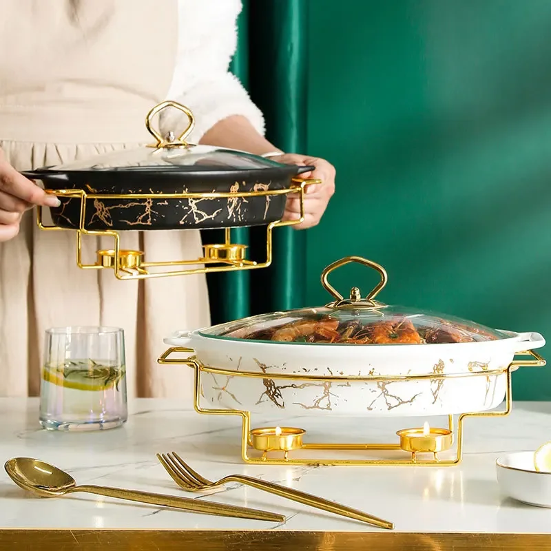 Nordic style oval ceramic soup pot household hotel tableware casserole holder candle heating fish plate binaural dry pot