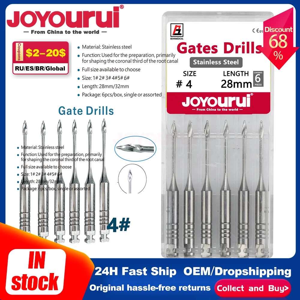 

6Pcs/Box Dental Engine Use Endodontic Gates Drill Glidden Rotary 28mm/32mm Densapy #1-6 Stainless Steel Endo Files Dentist Tool