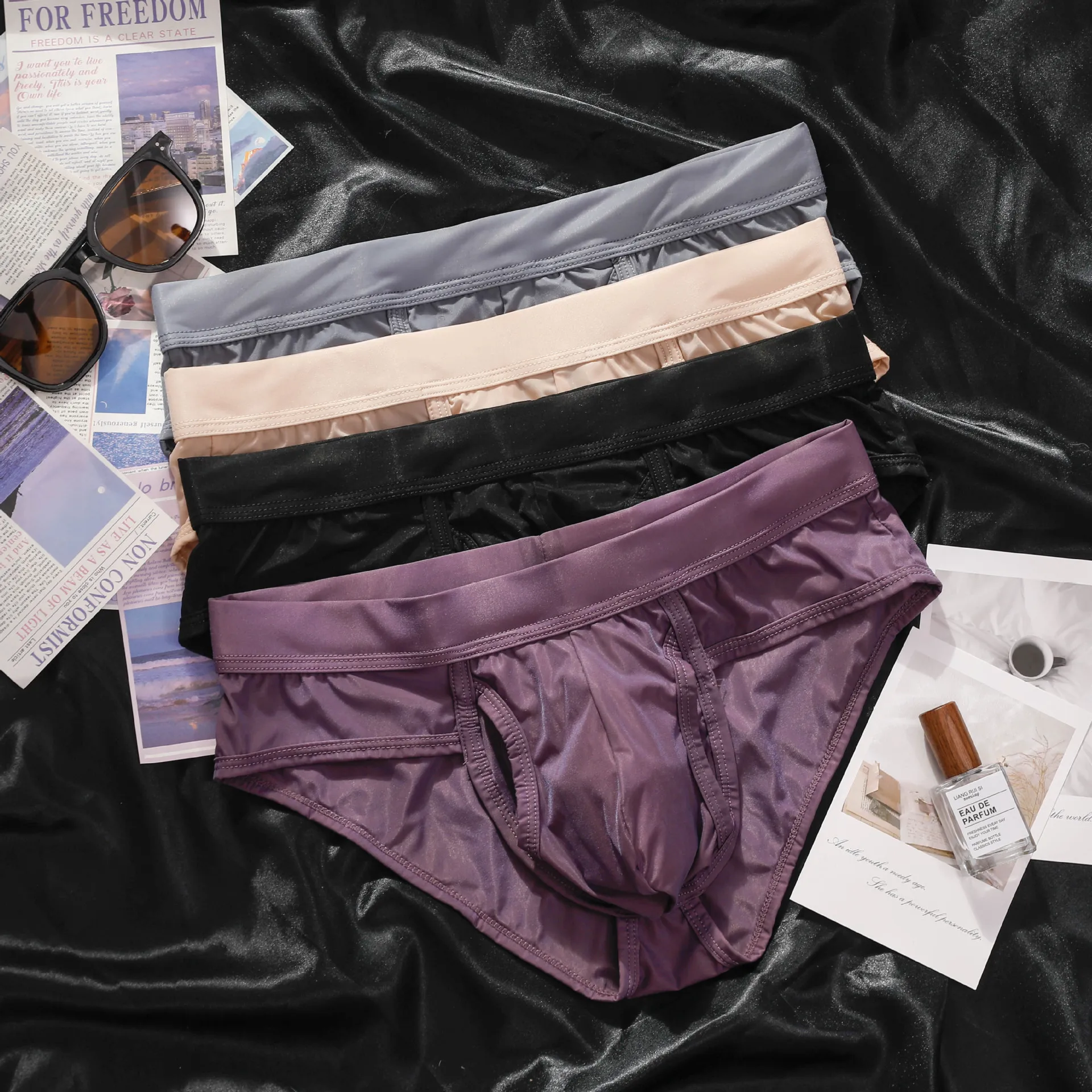 Herenondergoed Doorschijnend dun ijszijde slipje Ademend Aparte zijkant Open zakje Onderbroek Glanzende lingerie bikinislip