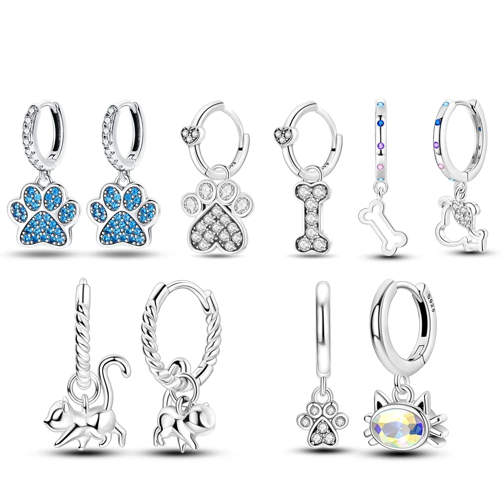 Silberfarbene Hunde- und Katzen-Tierpfotenabdruck-Serie, Tropfenohrringe für Frauen, Hochzeit, Verlobung, Charm-Ohrringe, Schmuck, Geschenk