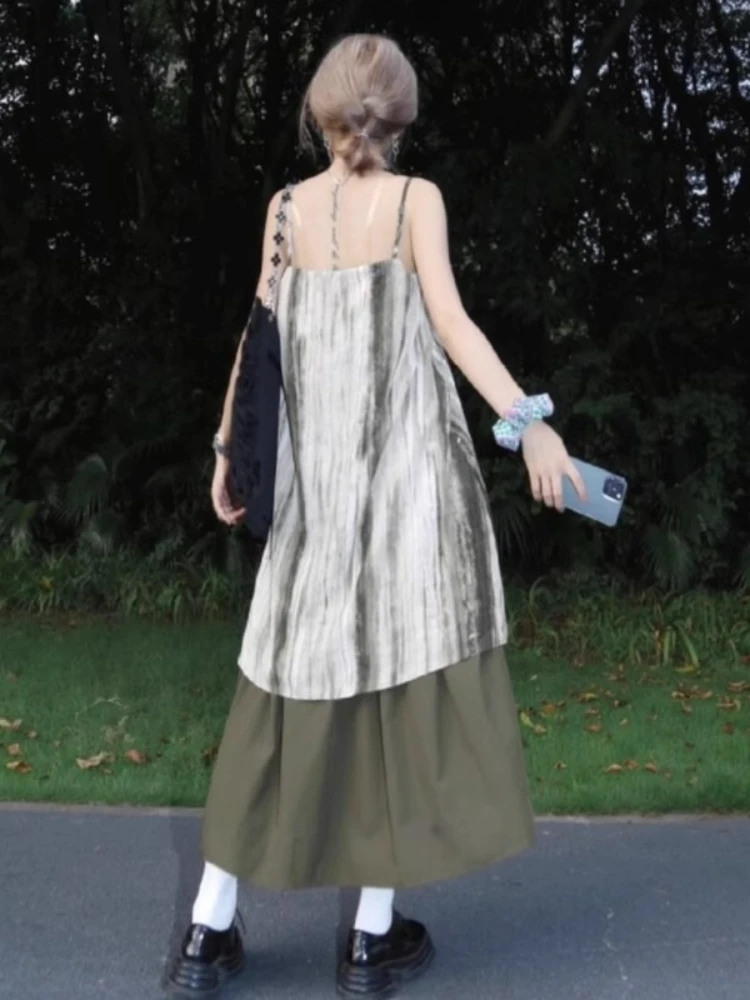 Retro tie dye em camadas cinta falso duas peças maxi vestido y2k feminino verão irregular retalhos saia solta magro boêmio vestido de praia