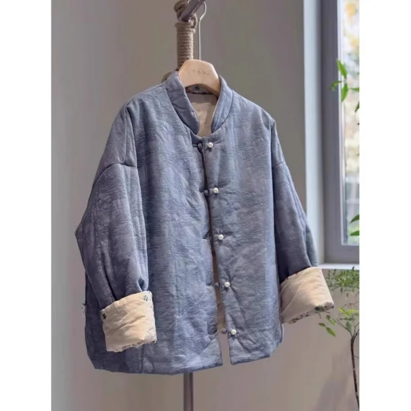 Jacquard-Baumwolljacke im chinesischen Stil für Damenbekleidung, Herbst und Winter 2025, Stehkragen, warm, künstlerisch, Retro-Mantel, W759