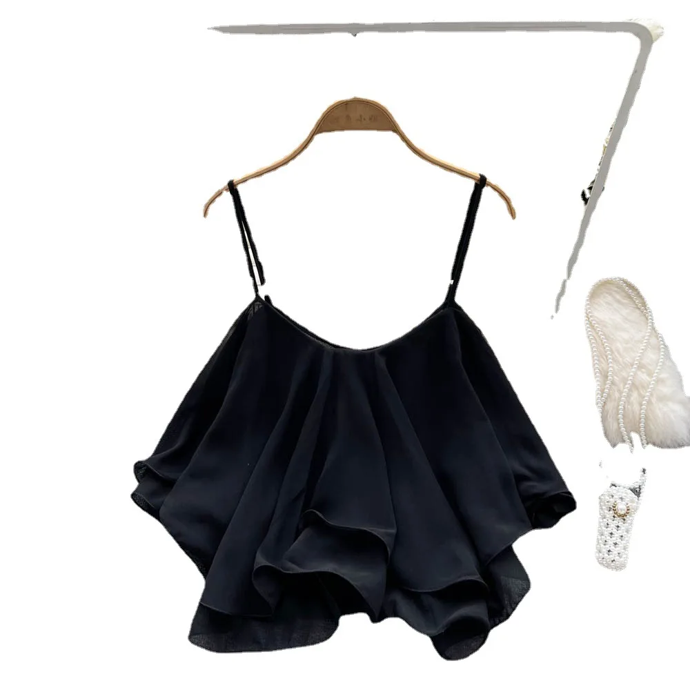 J126 Ropa de gasa de verano camisola chaleco Tops sueltos verde blanco rojo negro blusa borde con volantes ropa sin mangas de doble capa